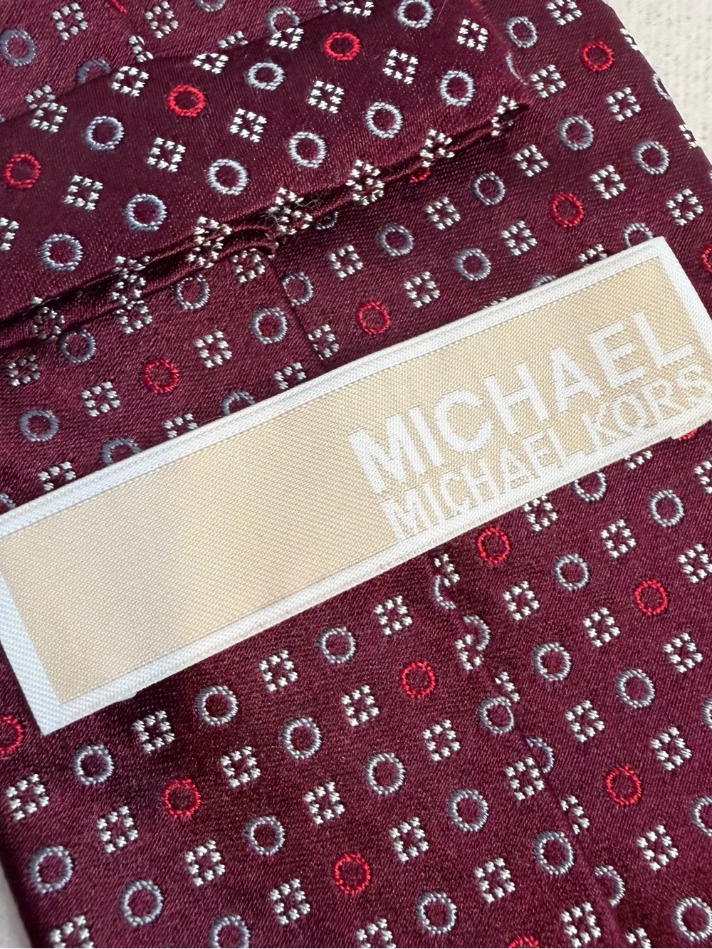 Michael Kors Burgundy Silk Tie with Red and Gray Accents
